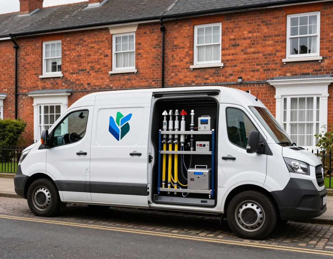Branded drainage works van outside a period terraced house in Eastbourne