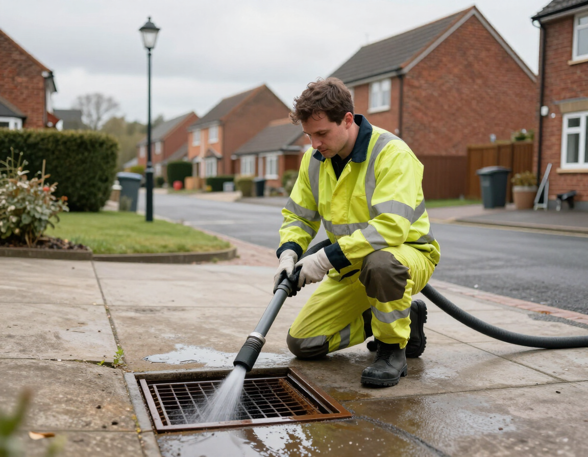 Drain jetting technician working on a residential driveway drain