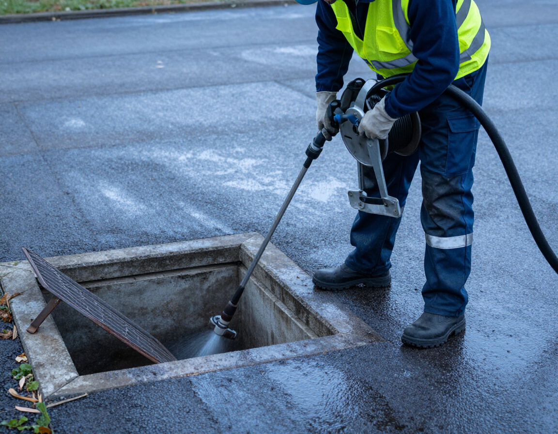 Technician operating drain jetting equipment in Heathfield