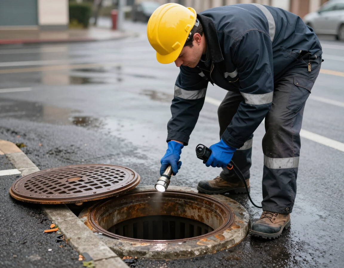 Drain engineer inspecting a manhole
