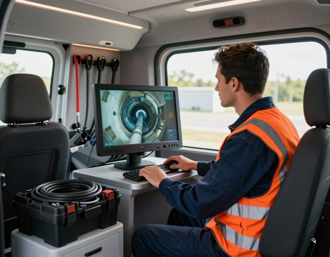 Technician viewing live CCTV drain survey footage on a monitor