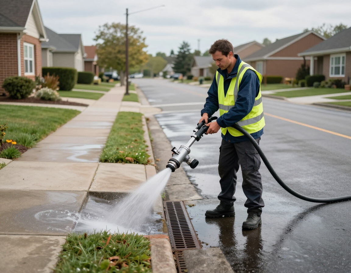 Drainage engineer jetting a drain at a residential kerbside