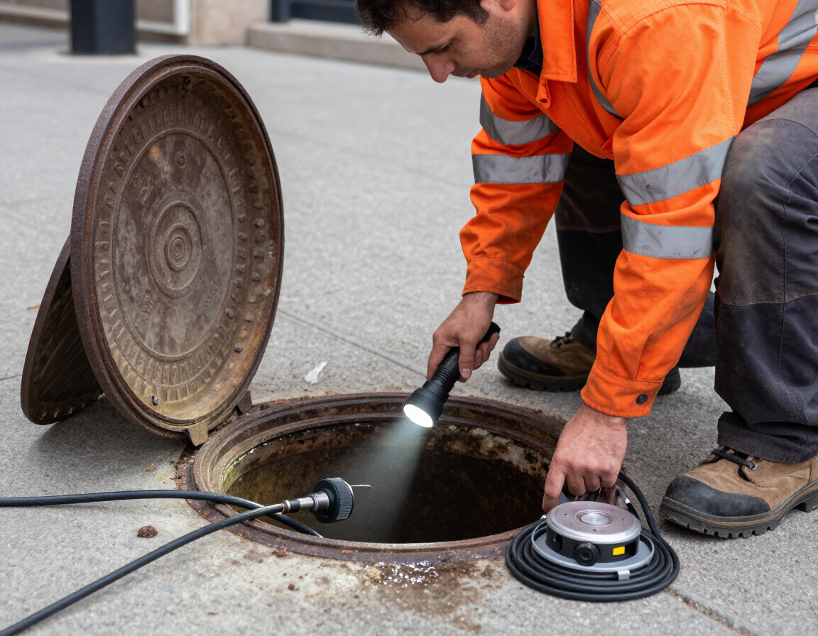 Technician inspecting a manhole