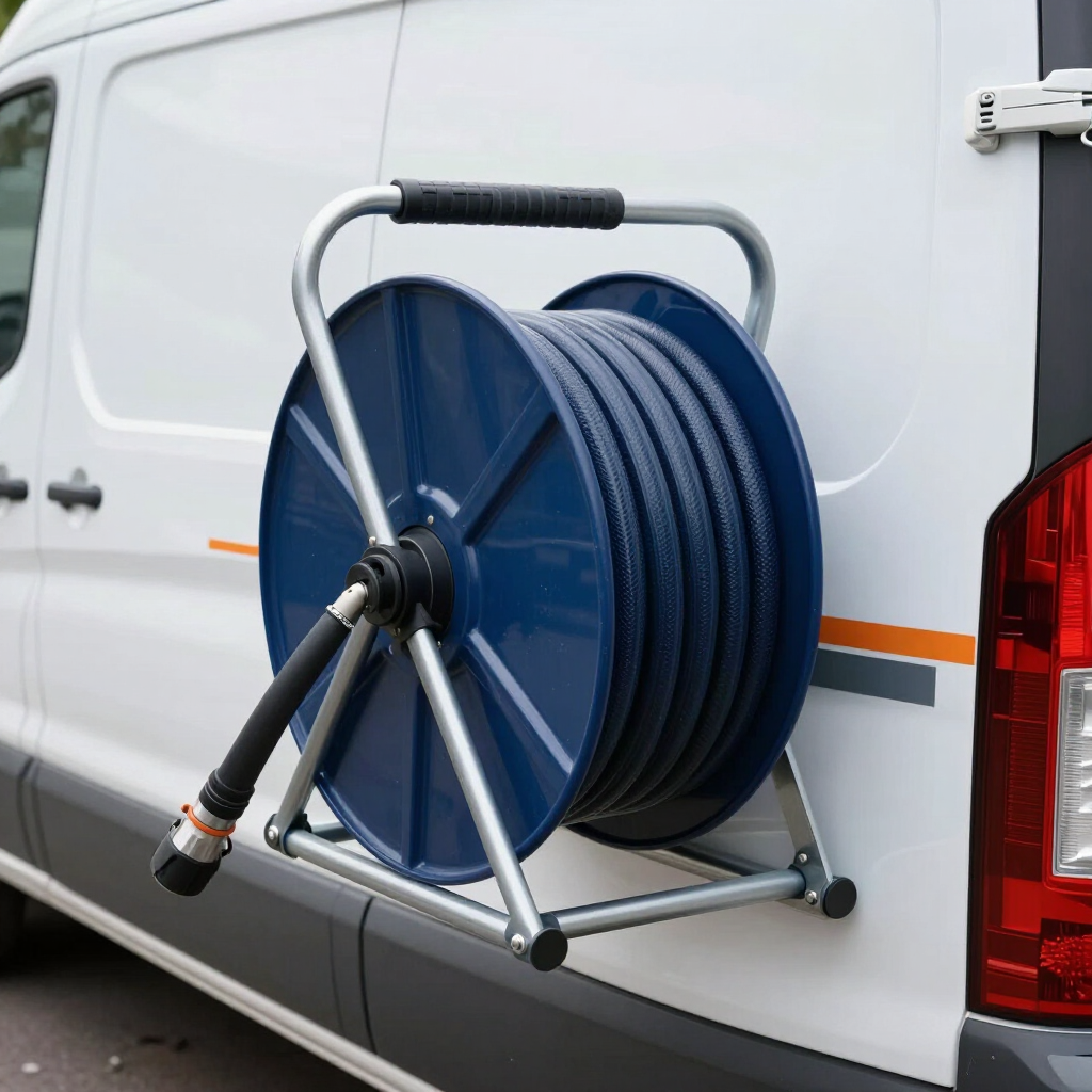 Drain jetting hose reel on service van
