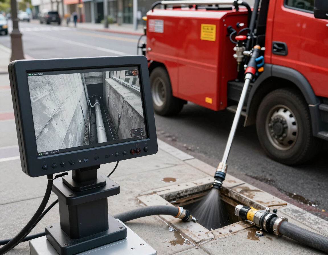 CCTV monitor and jetting unit in use