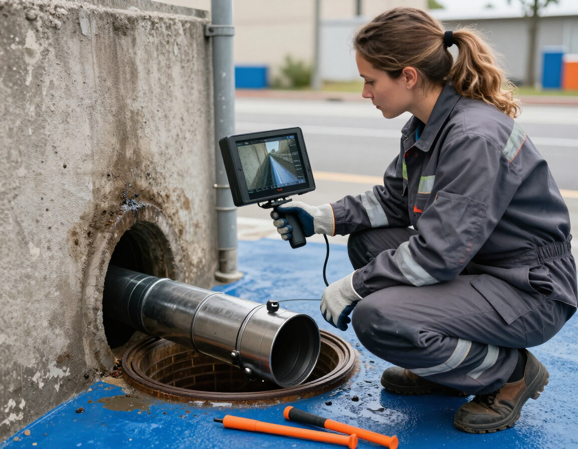 Technician operating CCTV drain survey camera
