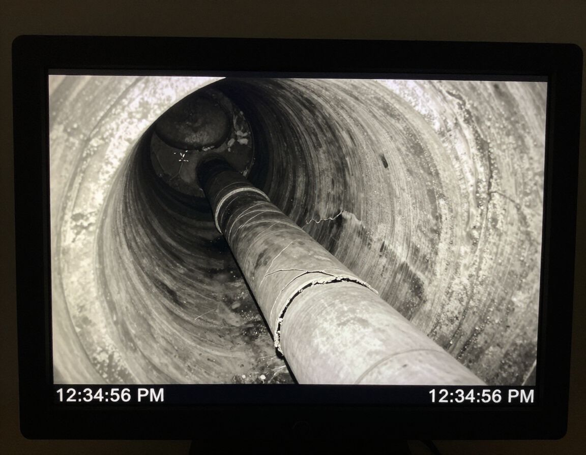 CCTV survey monitor showing cracked drain pipe