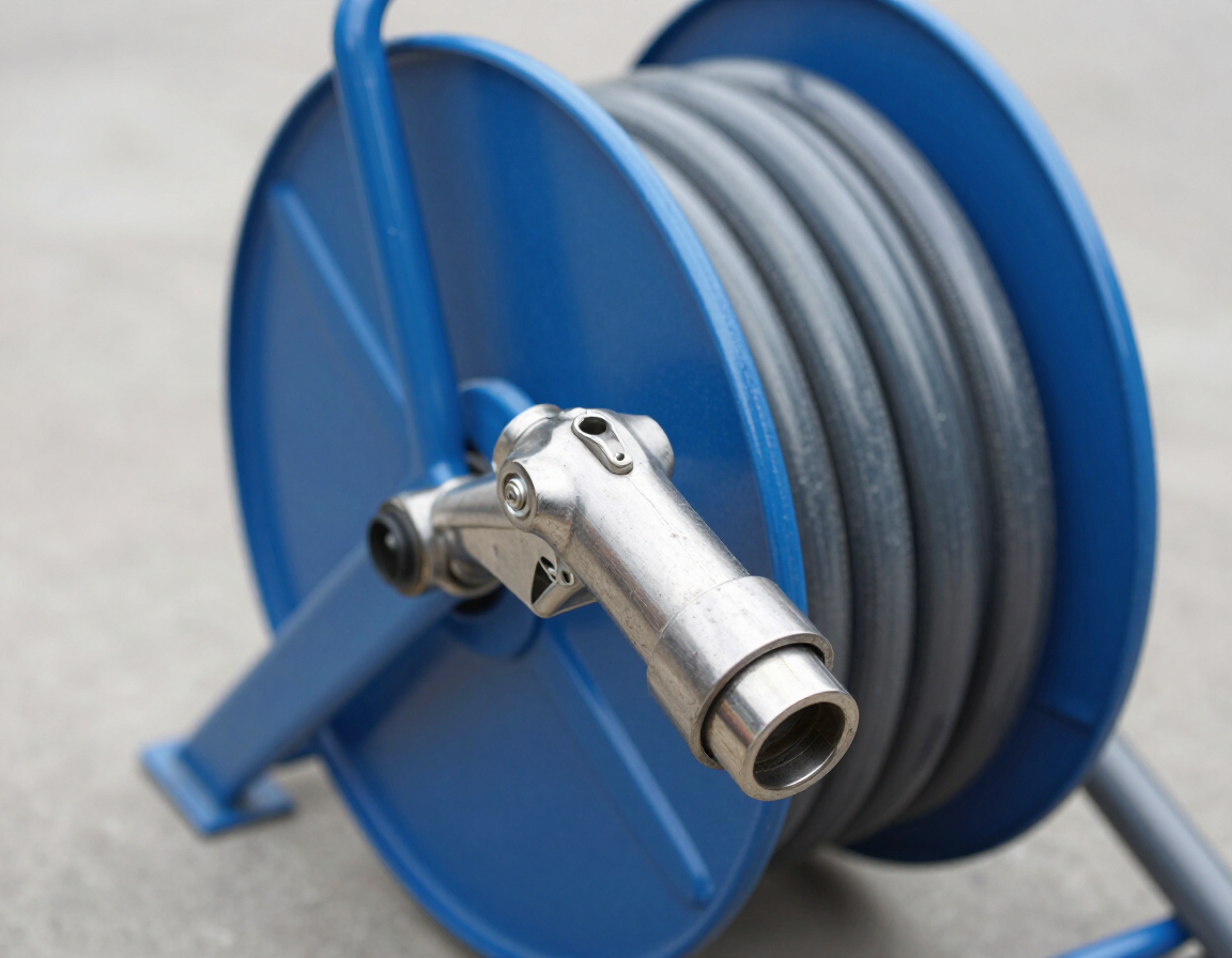 Drain jetting nozzle and hose reel close-up
