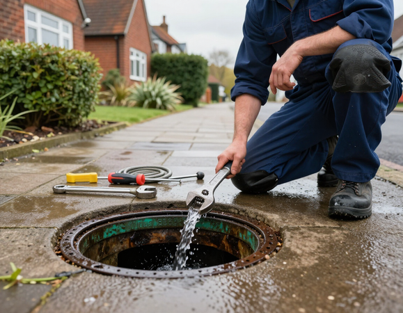 Technician responding to an overflowing drain gully