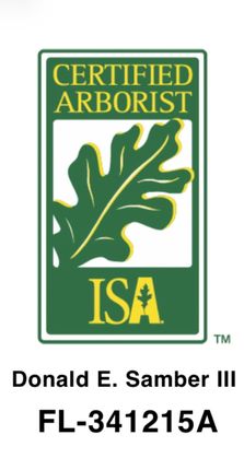Certified Arborist ISA badge with green oak leaf; Donald E. Samber III and FL-341215A
