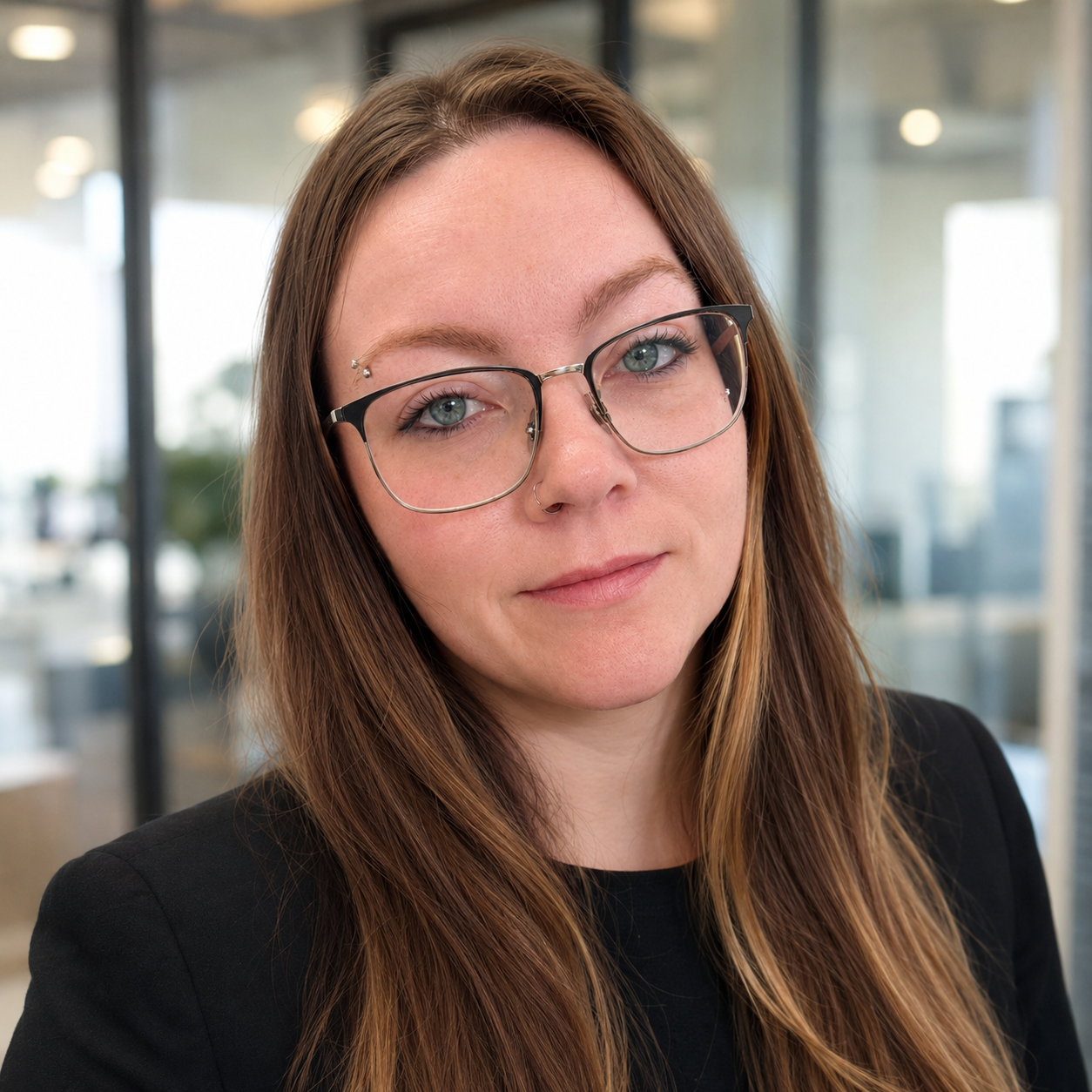 Portrait of a person wearing glasses in a bright office setting