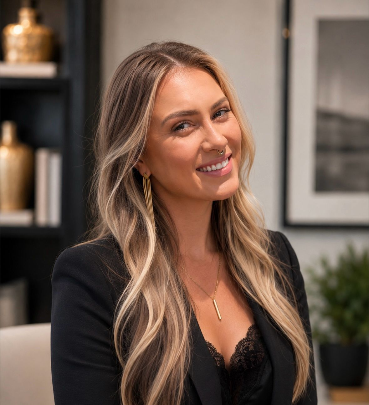 Smiling woman in a black top in a modern office, with shelves and framed art in the background