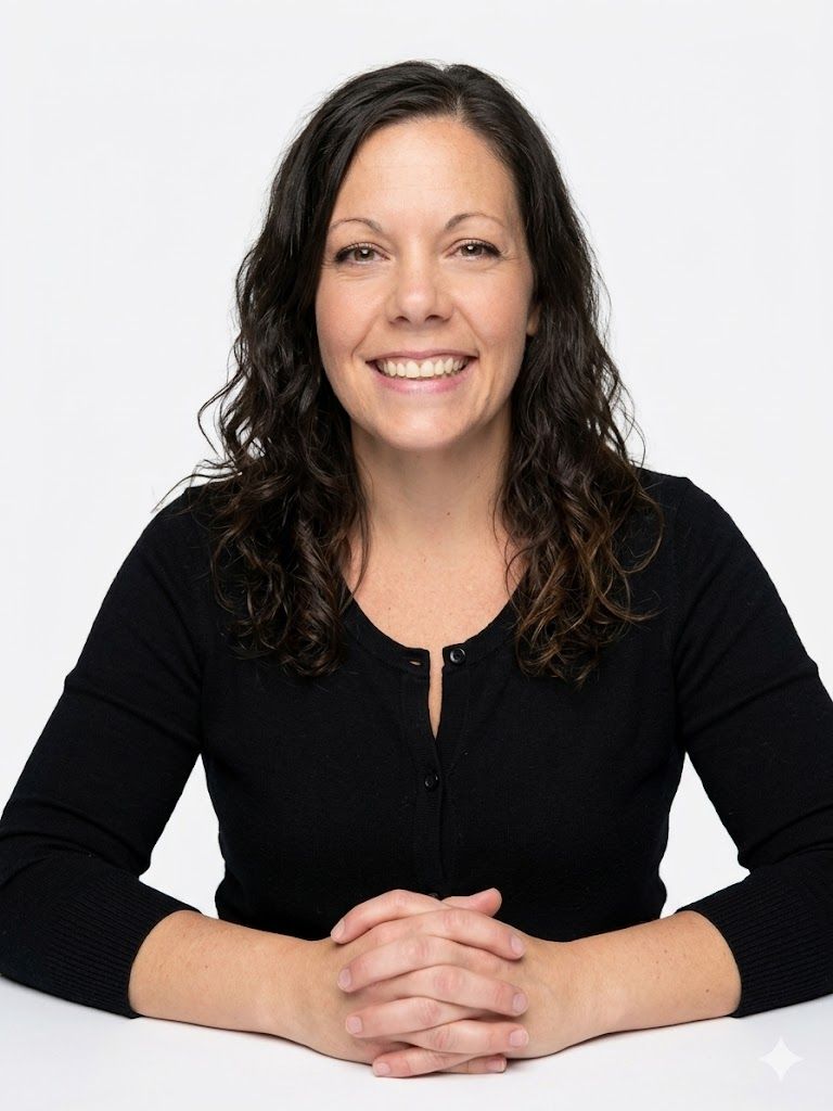 Smiling woman in a black top seated with hands clasped against a white background