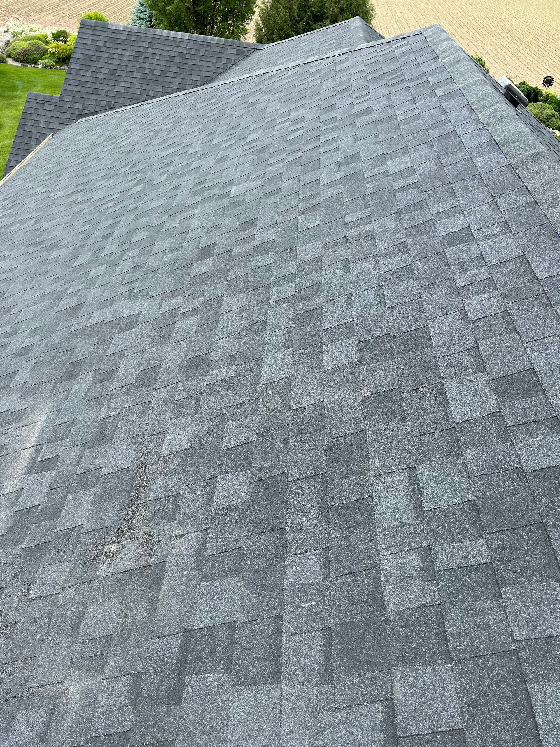Gray asphalt shingle roof viewed from above with trees in the background