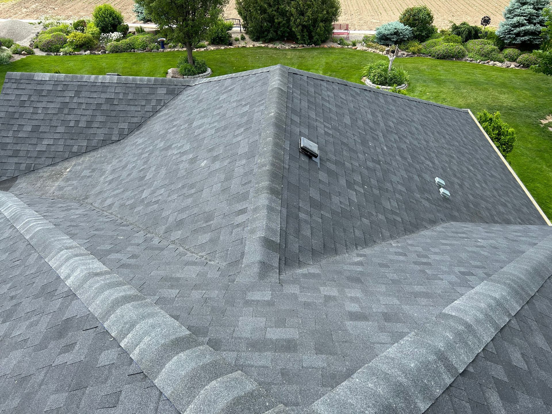 Gray shingled roof with a skylight, surrounded by a green backyard and trees