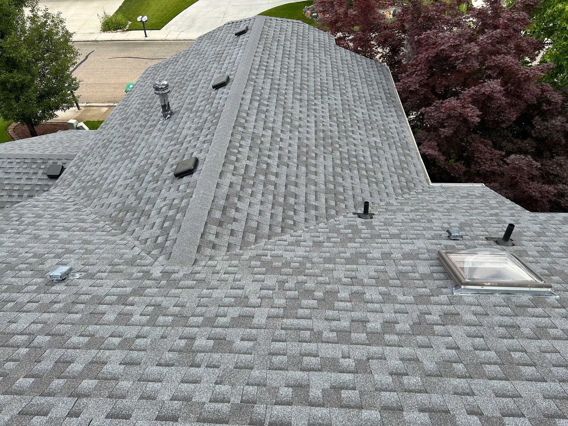 Gray shingled roof with several vents and a skylight, seen from above near trees.
