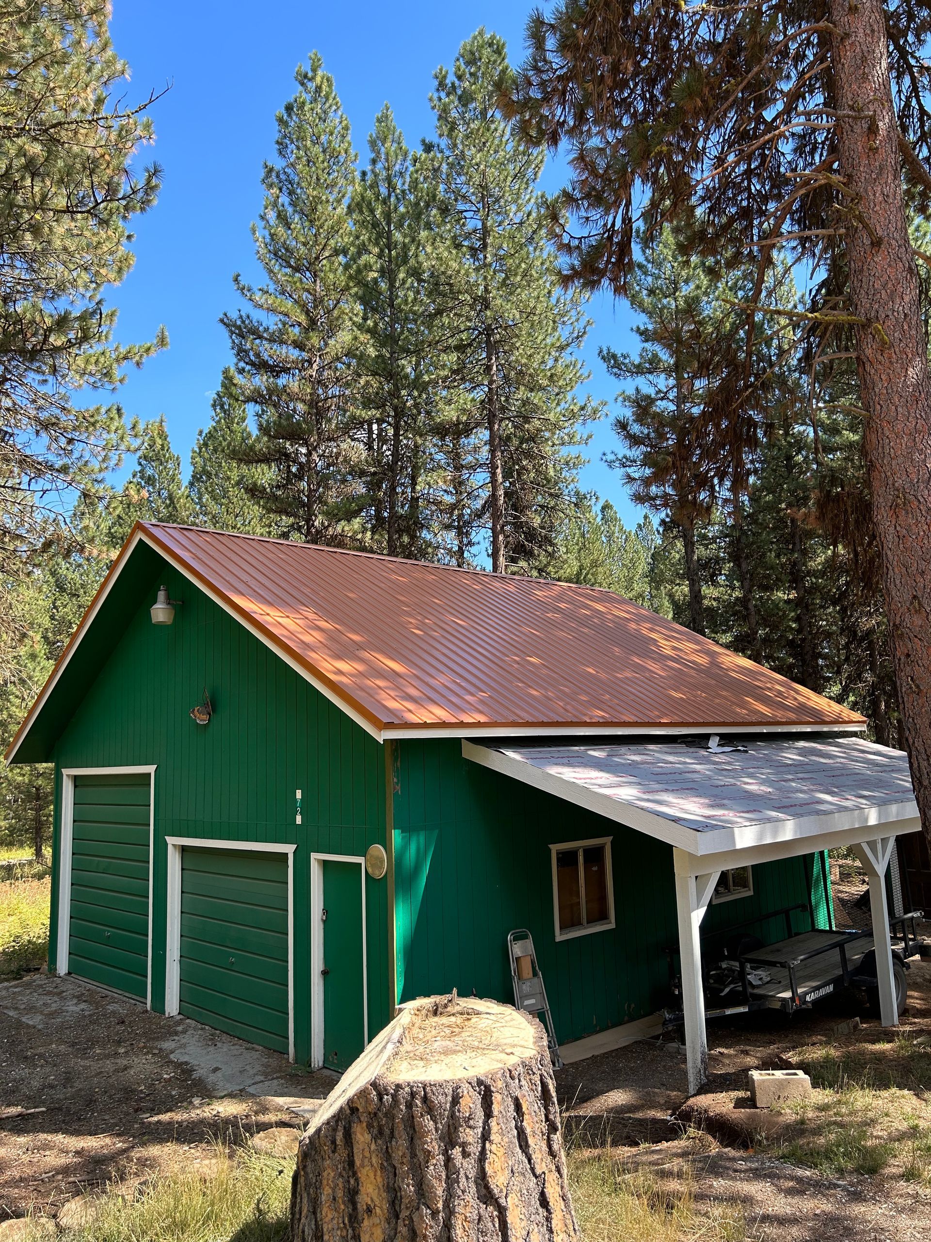 Green cabin with a red roof in a pine forest, beside a tree stump and slanted awning