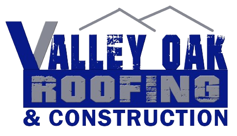 Valley Oak Roofing & Construction logo in blue and gray with stylized roofline