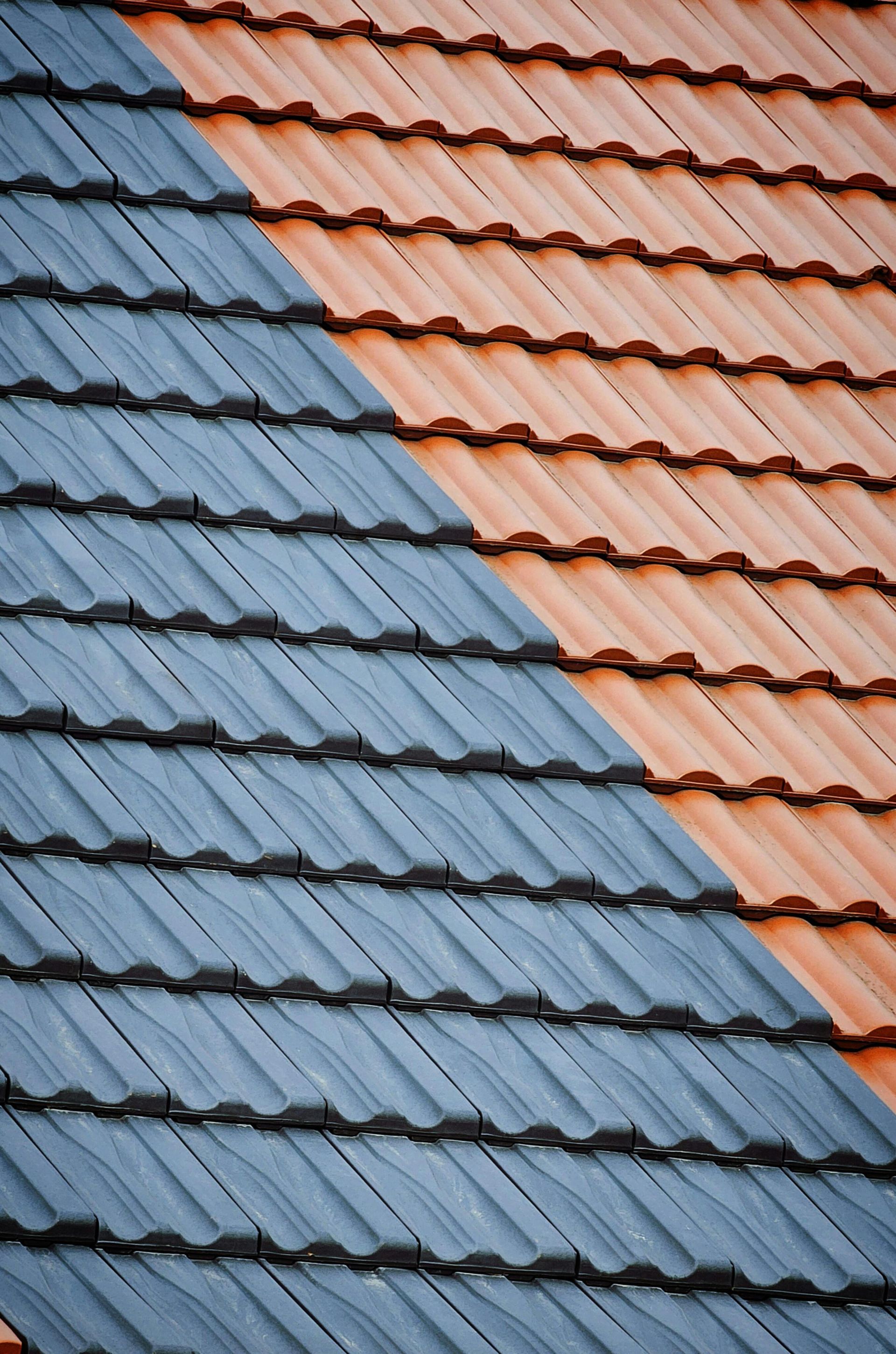 Blue and terracotta roof tiles in diagonal rows