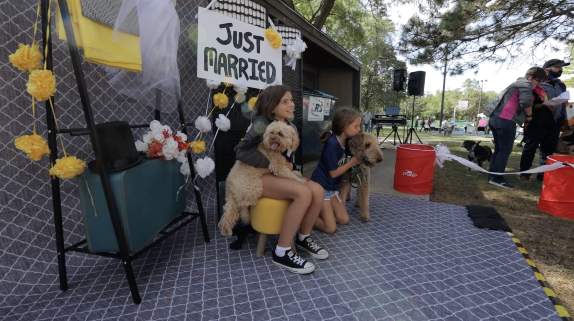 Two girls are sitting on a stool with their dogs in front of a sign that says `` just married ''.