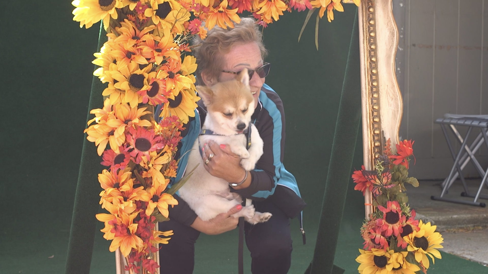 A woman is holding a small dog in her arms.