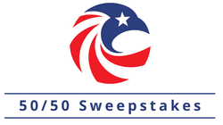 A logo for 50/50 sweepstakes with an american flag in the center