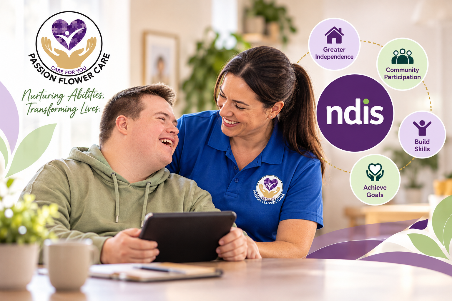 Passion Flower Care support worker helping an NDIS participant use a tablet
