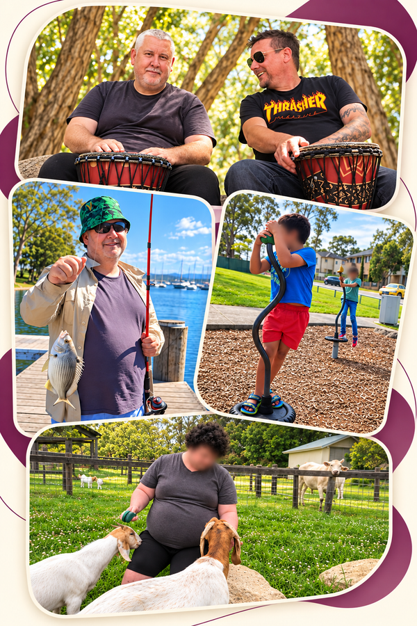 NDIS participants enjoying community activities with Passion Flower Disability Care - drumming, fishing, playground fun and farm animal visits in Sydney and the Central Coast