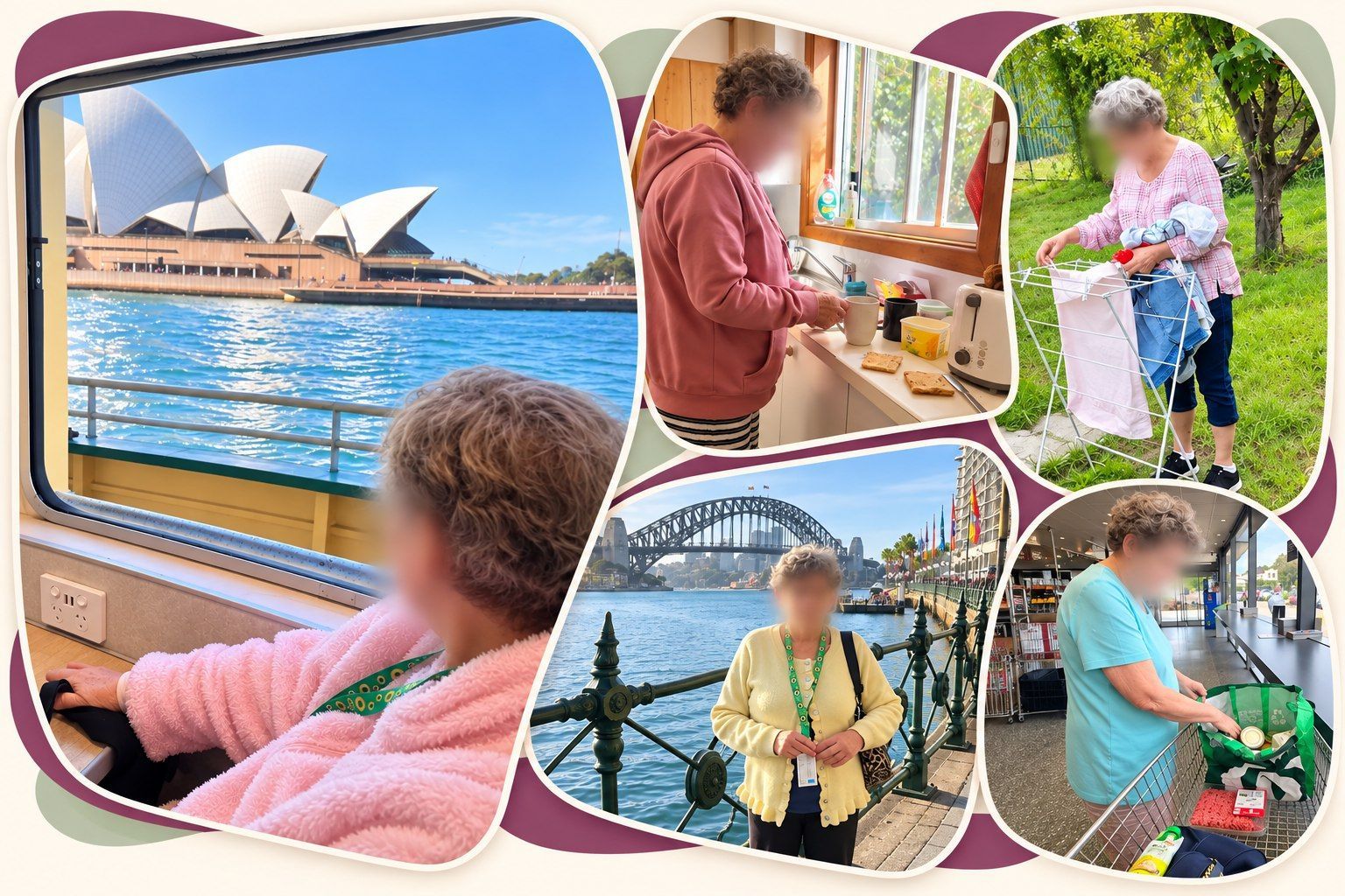 Participants cooking, doing laundry, shopping and enjoying Sydney Harbour outings with support