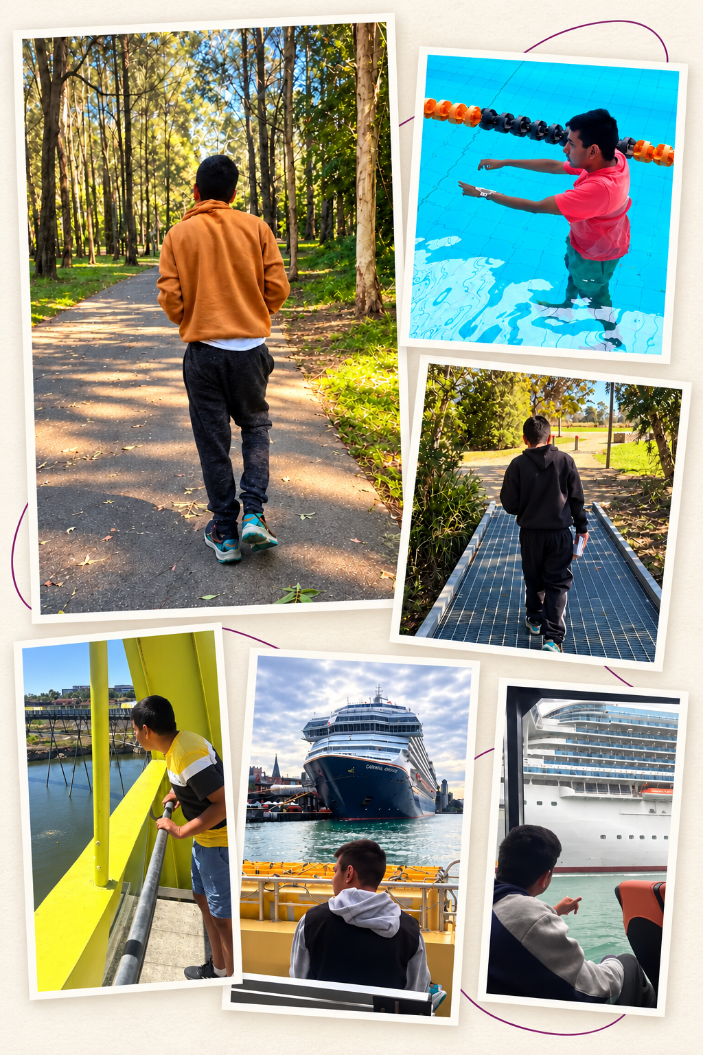 Collage of our son enjoying everyday outings - bush walks, swimming, riverside views and ferry rides past a cruise ship in Sydney