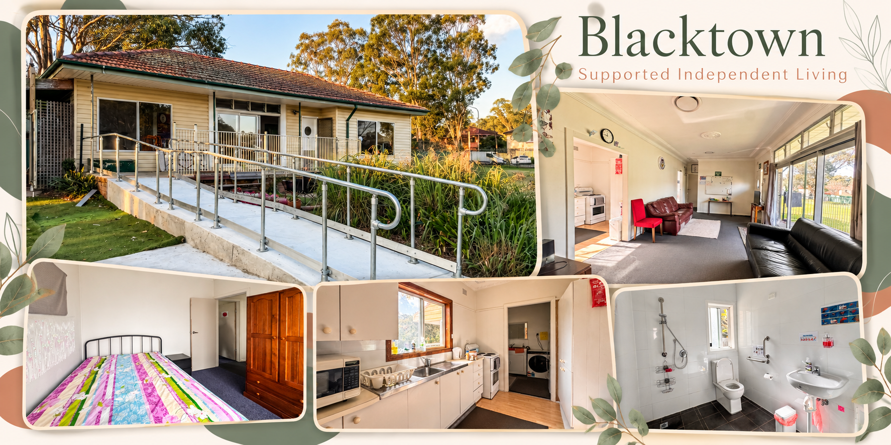Blacktown SIL home with wheelchair ramp, open-plan living, kitchen, bedroom and accessible bathroom