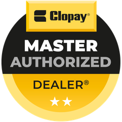 Clopay Master Authorized Dealer badge: black, yellow, and white circular seal. Two stars.
