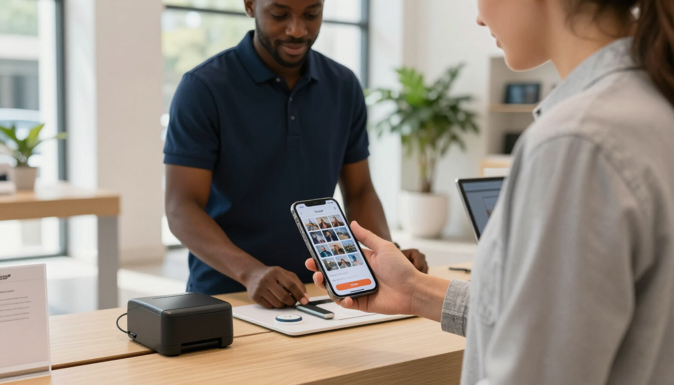 Customer placing an online photo order while receiving help in-store