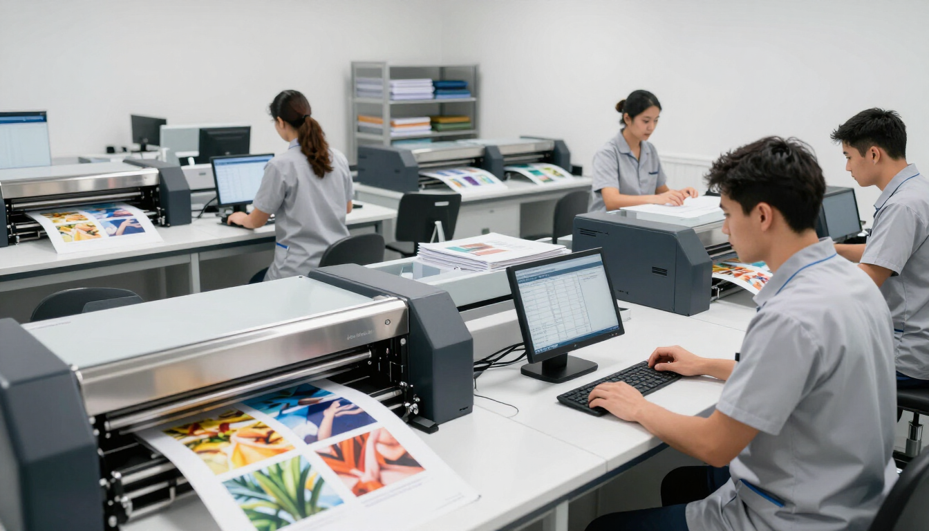 Organized photo lab production area processing customer print orders