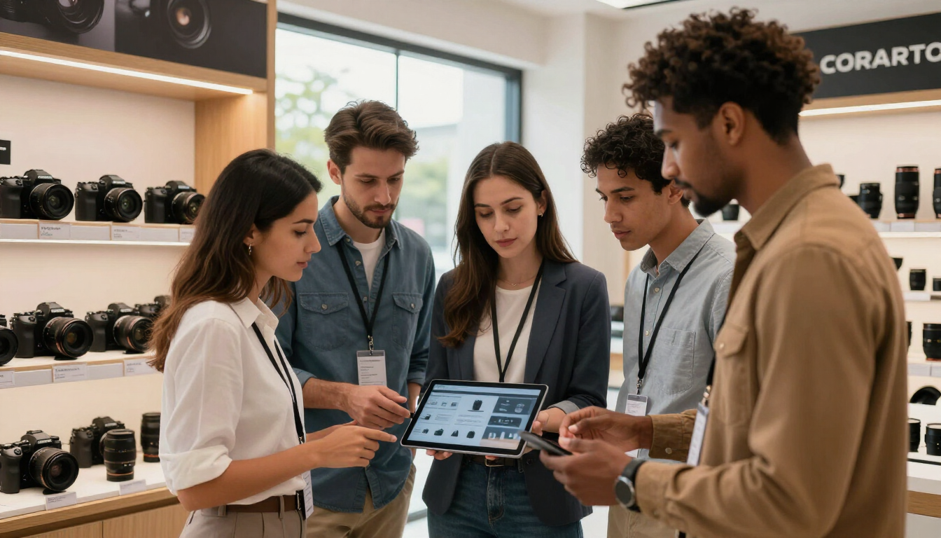 Retail team reviewing camera catalog quality