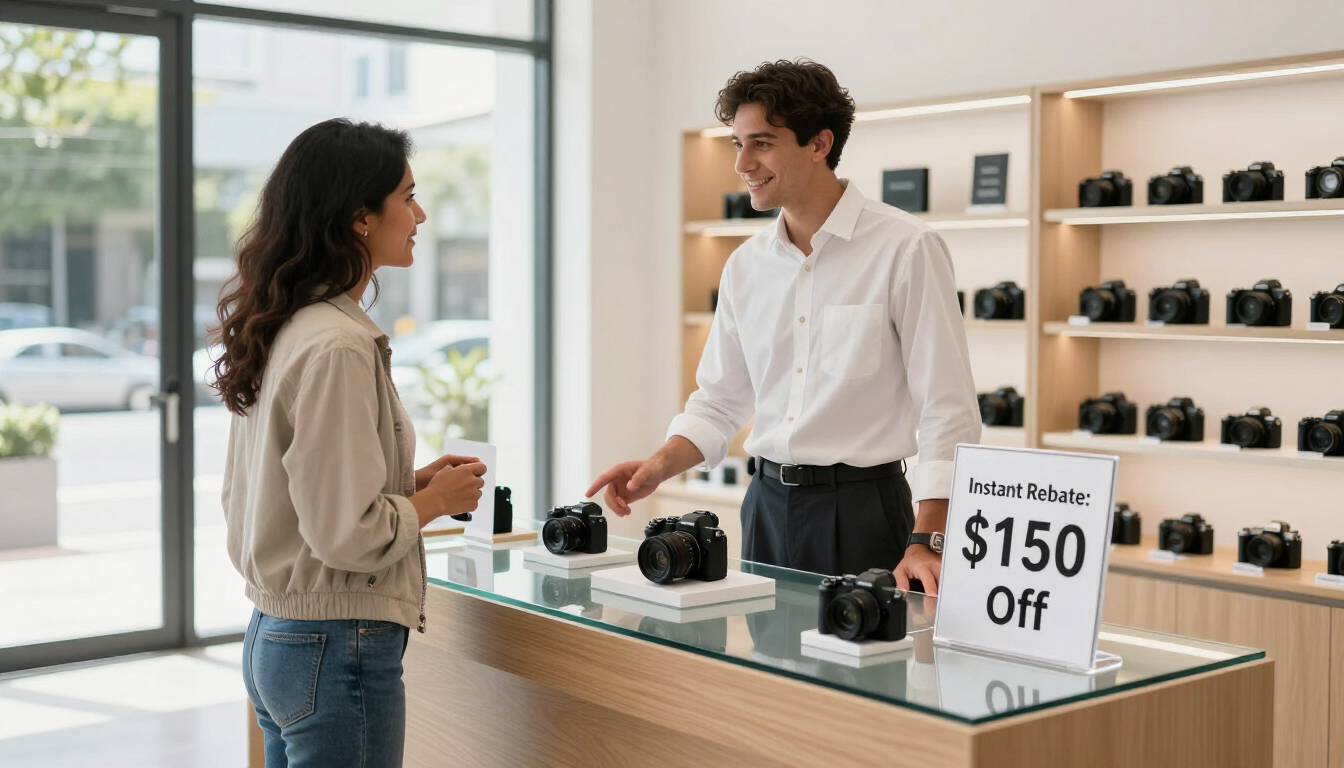 Camera store associate explaining an instant rebate on a mirrorless camera