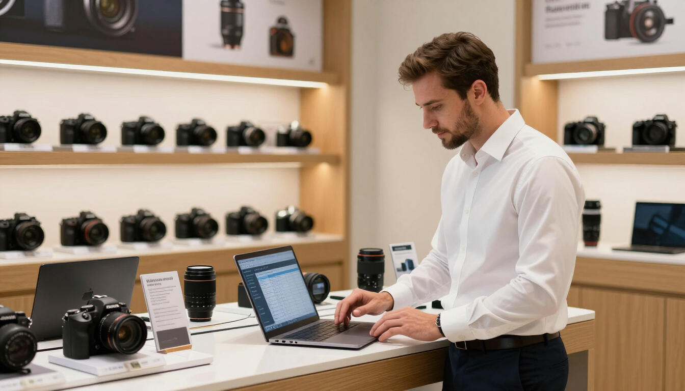 Retail manager reviewing camera promotion data on a laptop beside in-store product displays