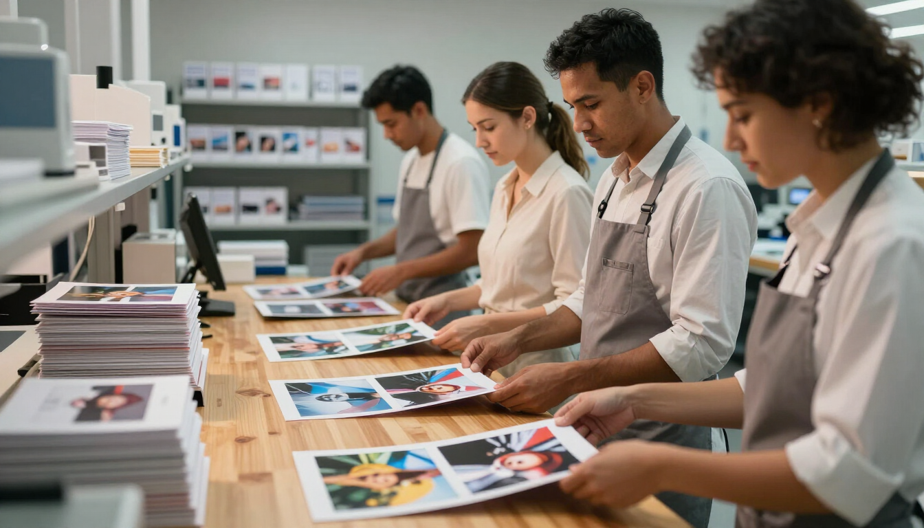 Photo lab team preparing completed prints for customer fulfillment