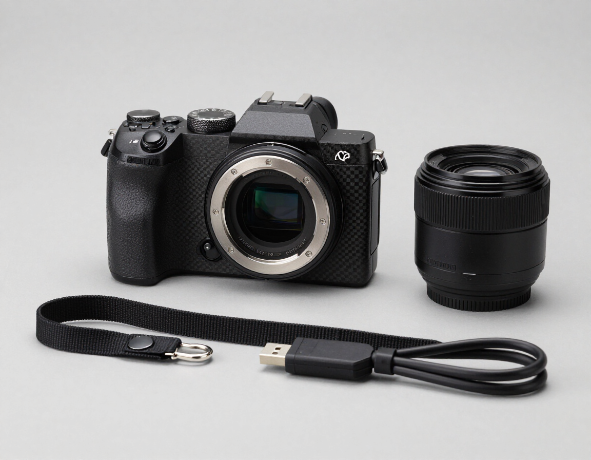 Camera product photography showing body, lens, and included accessories
