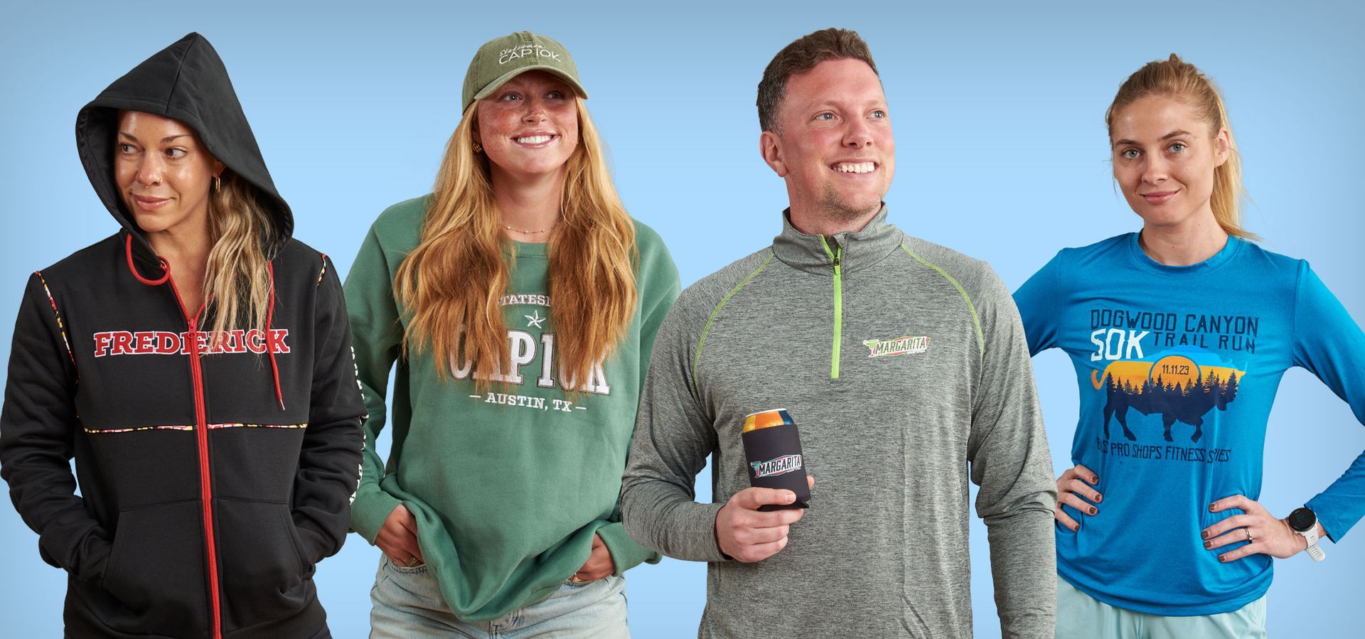 A group of people are standing next to each other wearing different Always Advancing apparel.