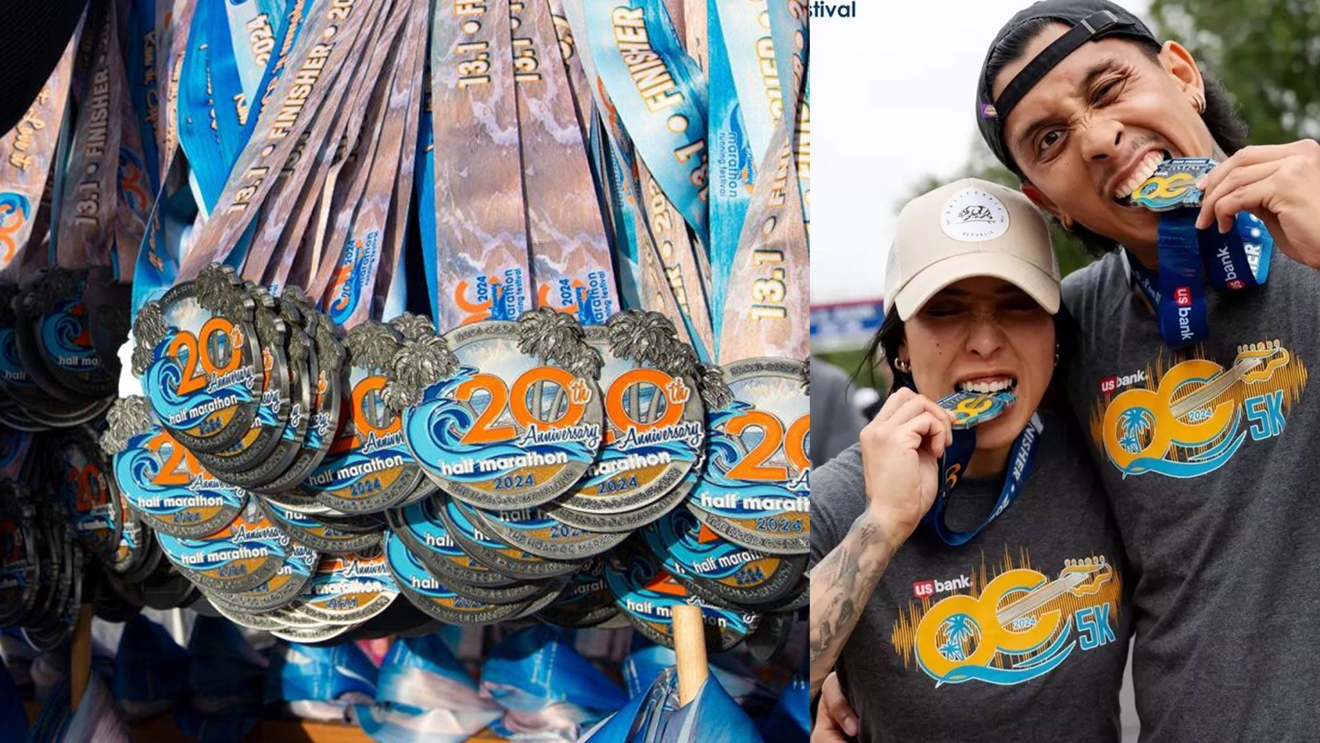 photo of people wearing their 2024 and 2023 OC Marathon medals
