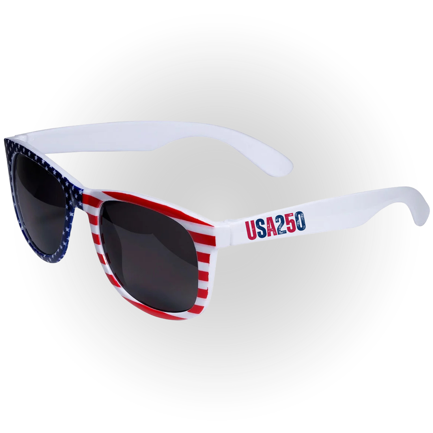 White sunglasses with red, white, and blue striped frames and USA 250 lettering on the temples