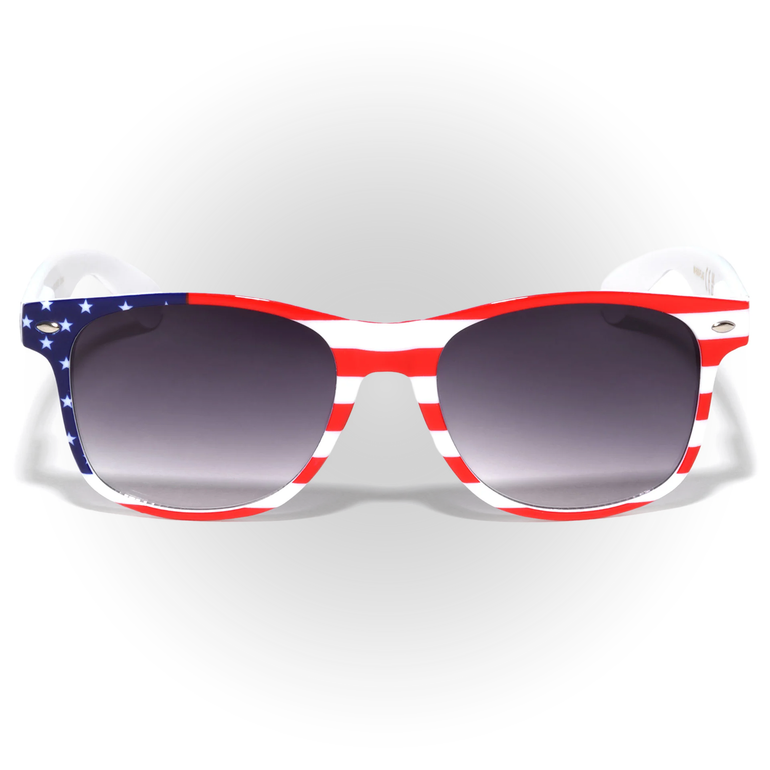 American flag patterned sunglasses with red, white, and blue frames on a white background