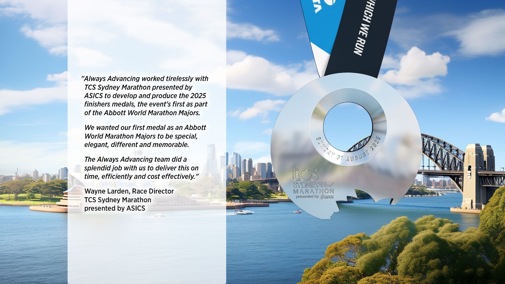 Sydney Harbour Bridge and skyline with a circular silver award graphic over a blue sky and harbor background