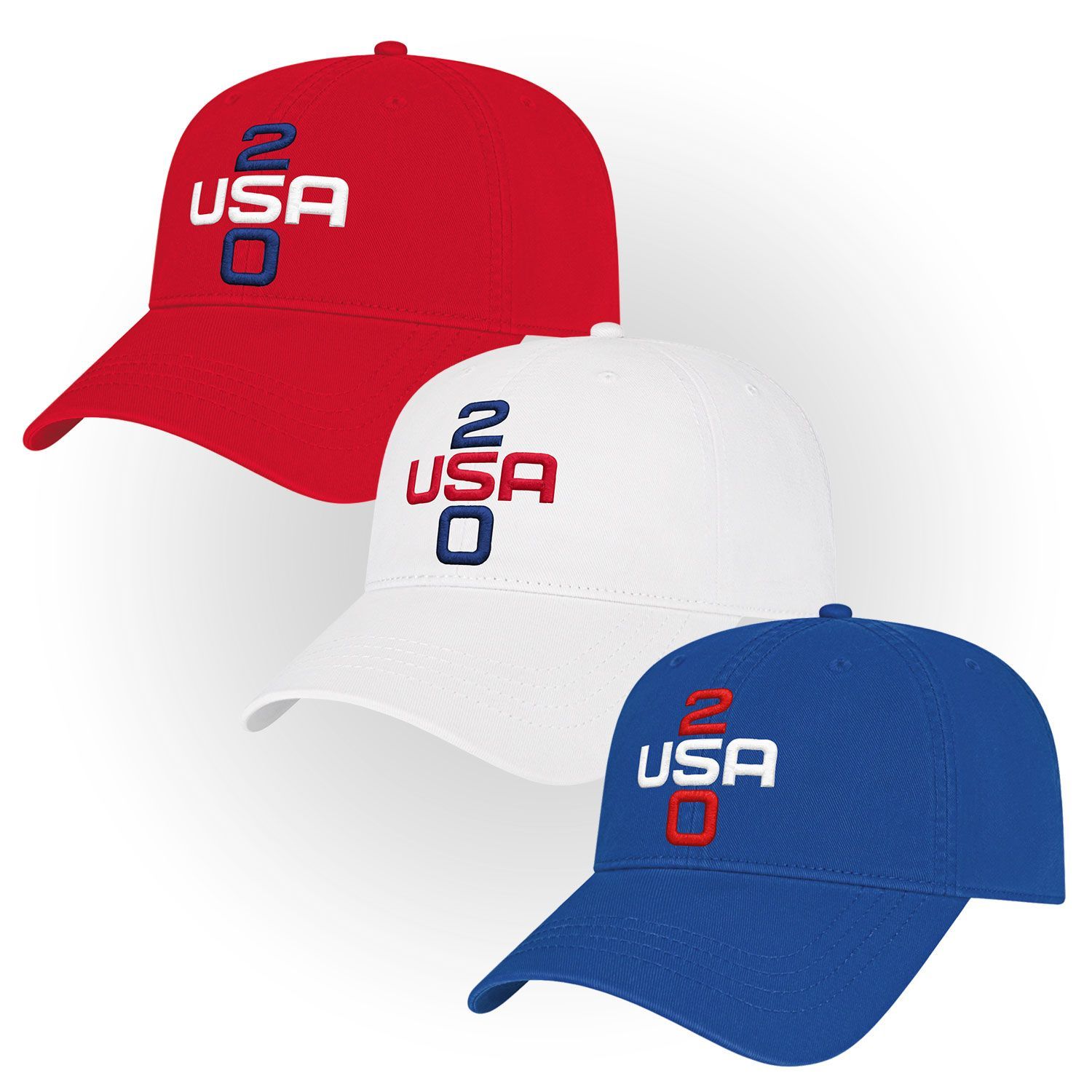Three USA 250 baseball caps in red, white, and blue with embroidered logo 