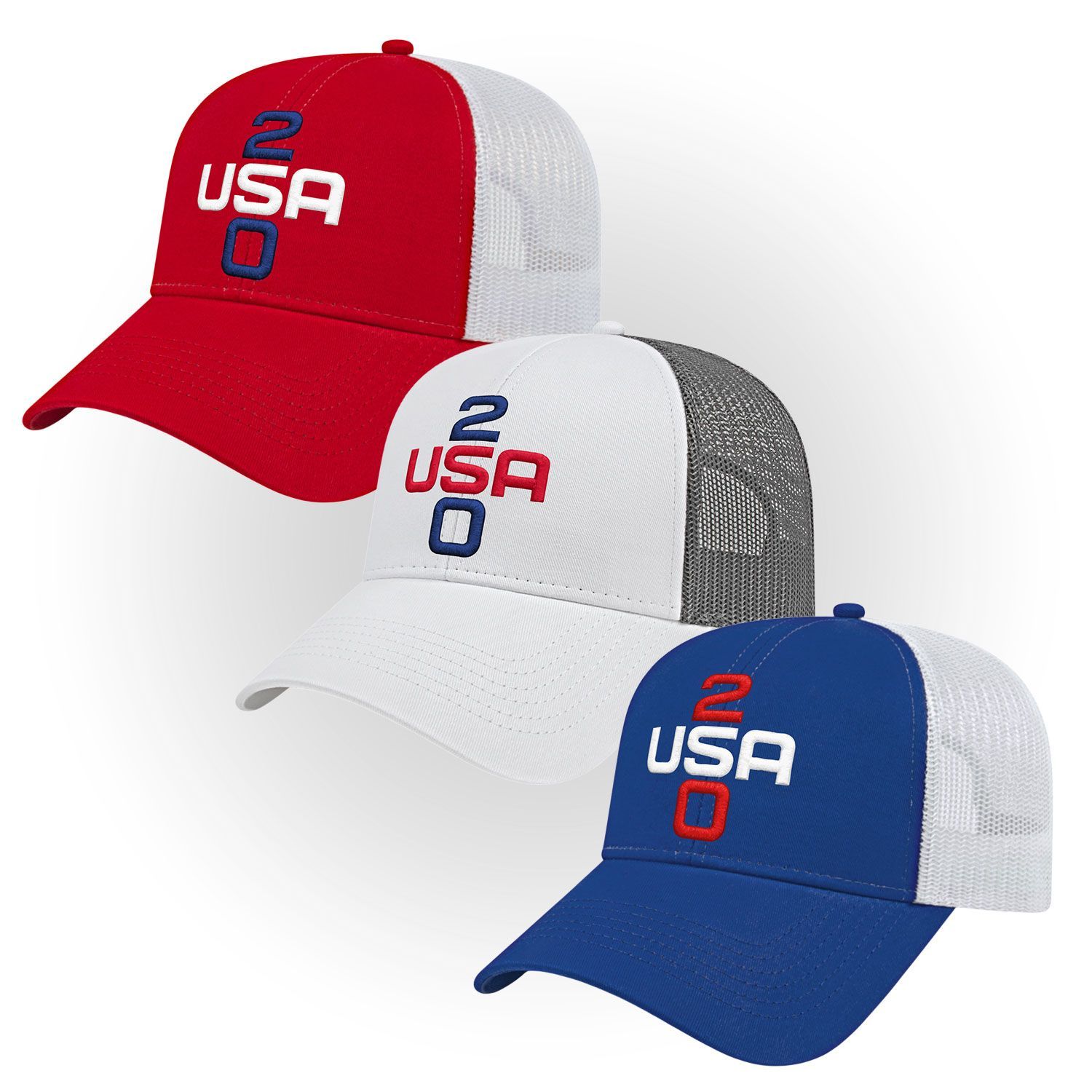 Three USA 250 baseball caps in red, white, and blue with mesh backs and 