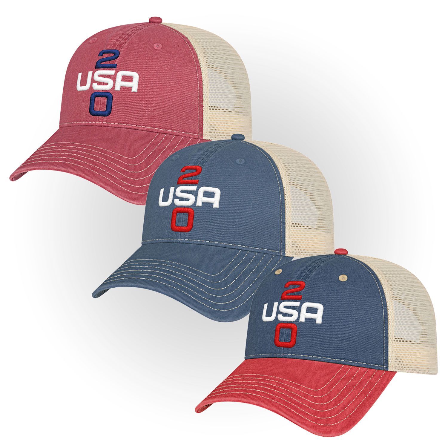 Three USA 250 logo trucker hats in red, blue, and red-blue colorways, stacked on a white background
