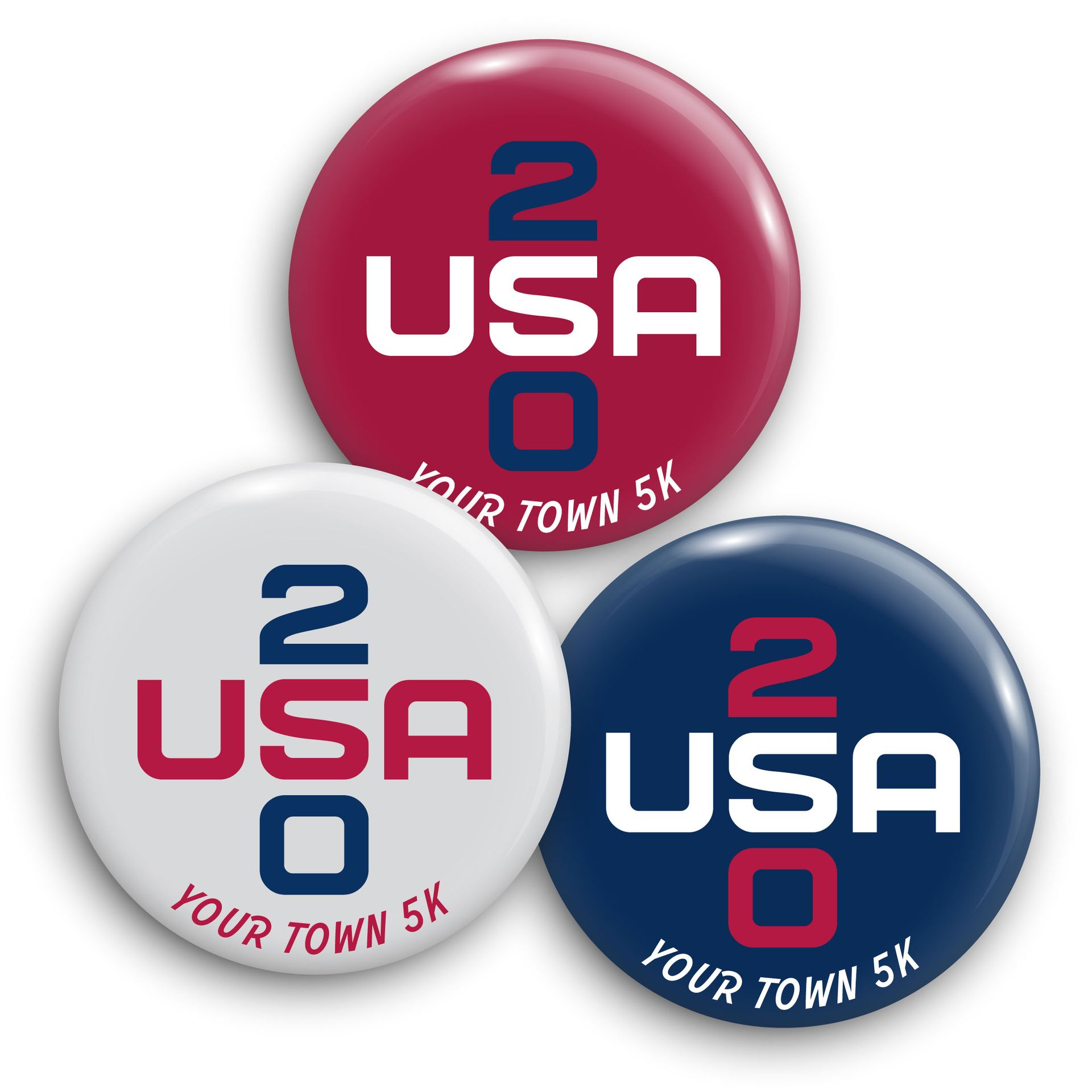 Three USA 250 circular badges in red, white, and navy with “Your Town 5K” text