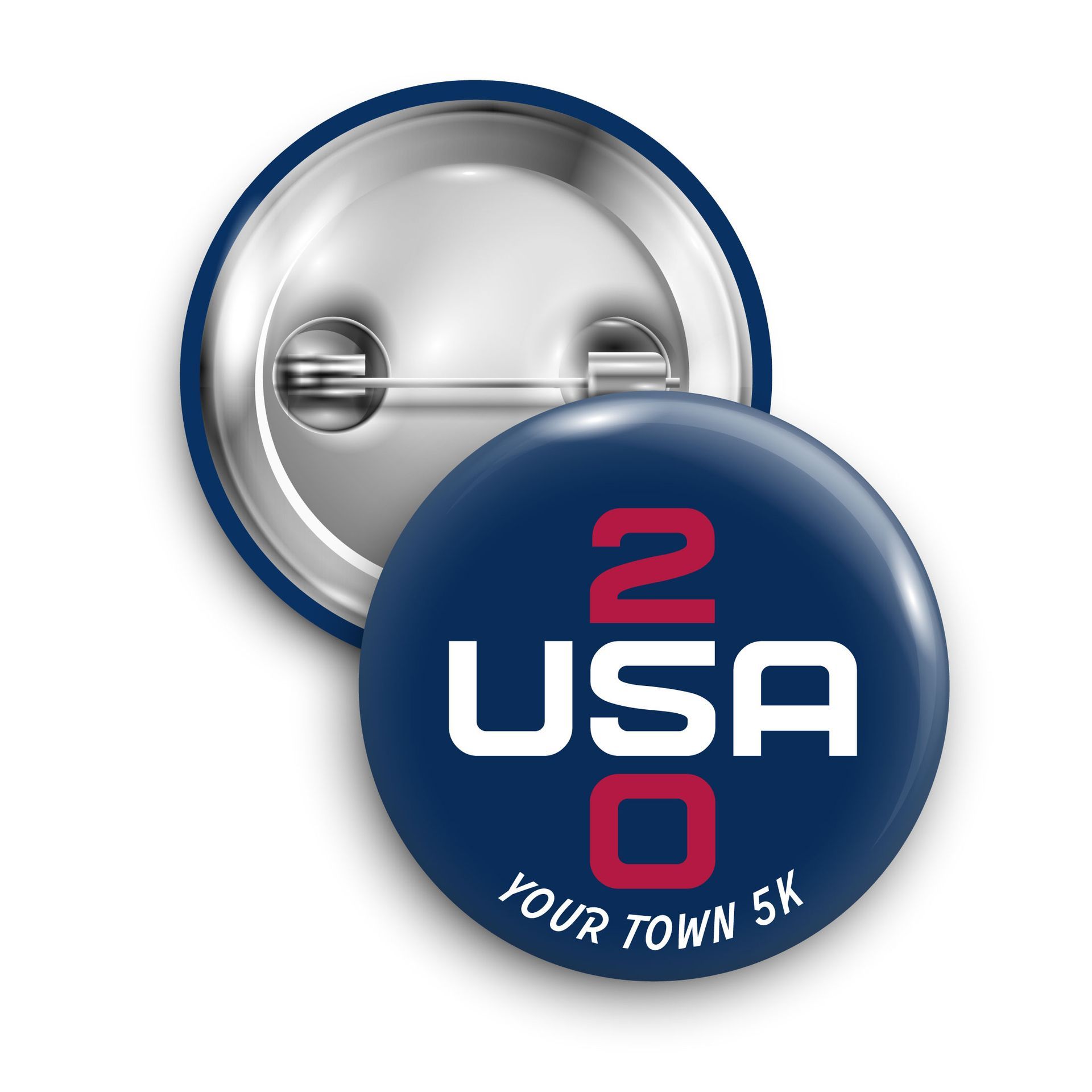 USA 250 race button logo in blue, white, and red with “Your Town 5K” text