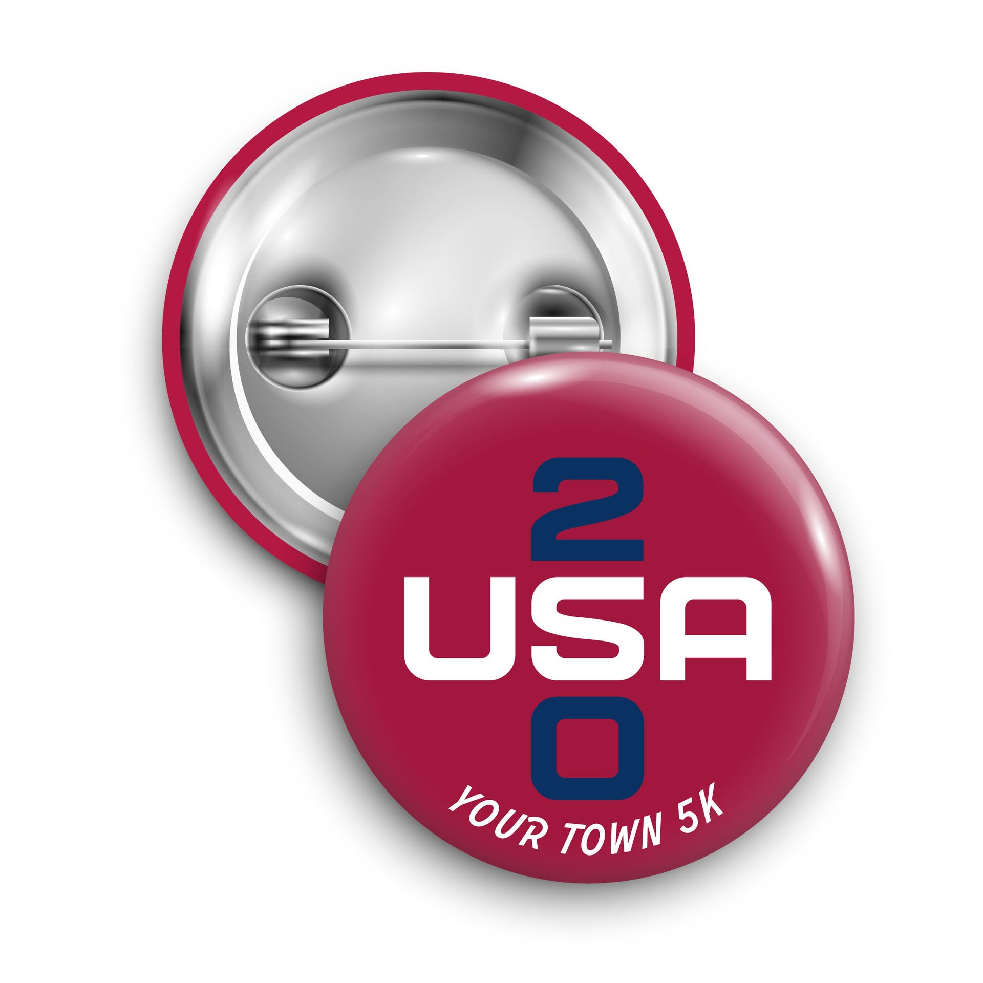 Maroon USA 250 button with silver back and “Your Town 5K” text